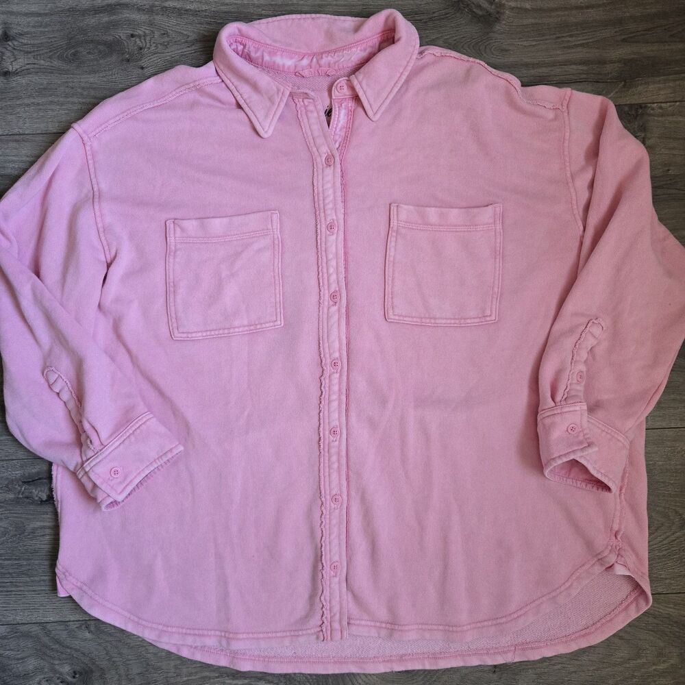 Aerie Lumberjane Oversized Shacket French Terry Shirt Jacket Pink M Raw Edge